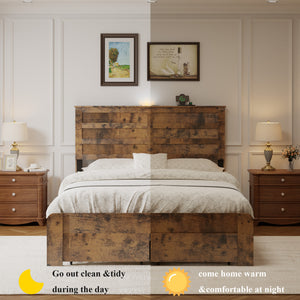 English Elm Queen-size Storage Bed Weathered Wood Platform Frame with Usb Charging Headboard W636P430769