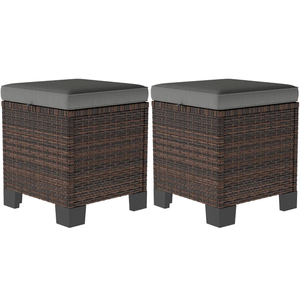 English Elm Outdoor Wicker Ottoman Set of 2 Hand Woven Pe Cube Stools for Patio or Poolside Brown+Gray T3971P443515