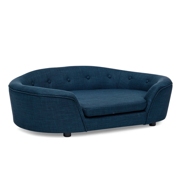 English Elm Oversized Oval Dog Sofa with Tufted Linen Backrest for Large Breed Lounging Comfort Dark Blue W487P415301