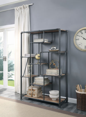 English Elm Brantley Industrial 8-Tier Bookshelf with Metal Frame and Rustic Sandy Gray Finish, Space-Saving Design Oak 79 L x 53 W x 5 H B2726P263367