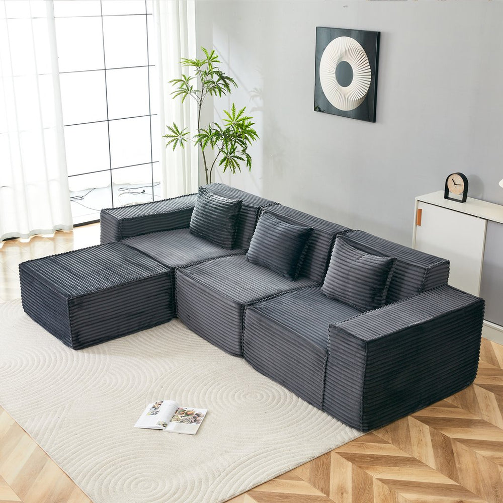English Elm L-shaped Corduroy Sectional with Ottoman Three Seat Modular Sofa for Modern Living Dark Gray W2699S00080