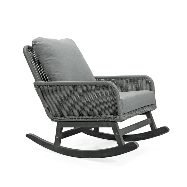 English Elm Contemporary Wicker Rocking Chair Pe Rattan Weave Wooden Frame Plush Cushions Patio Gray N767P229004G