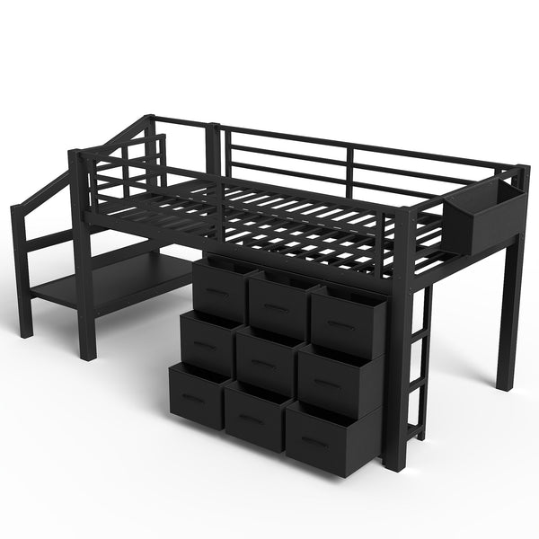 English Elm Twin Metal Low Loft Bed with Storage Stairs Fabric Drawers and Built-in Lights Black W5305S00045