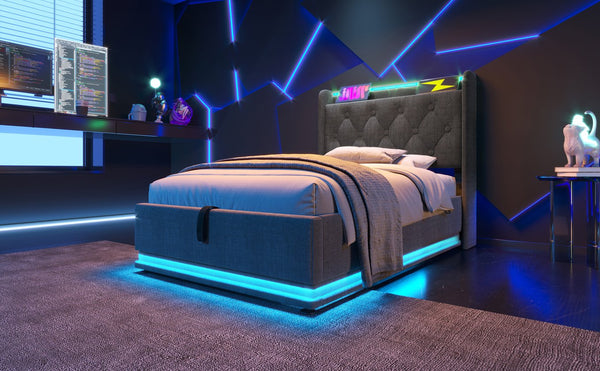 English Elm Twin Upholstered Bed with Hydraulic Storage, Surround LED, App/Remote Control & USB Type-C Charging Gray N736P188805G