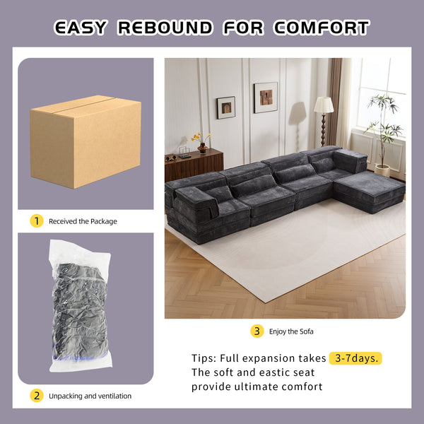 English Elm Compression Mahjong Sofa - Oversized Modular Floor Bed With Ottoman, No Assembly, Soft Fleece Fabric W3723S00037