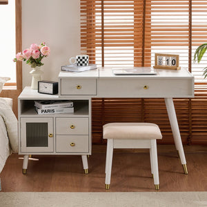 English Elm 3-in-1 Vanity Desk with LED Flip Mirror, Compact Makeup/Dressing Table with Storage Drawers & Stool White N844P291656A