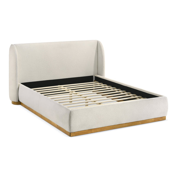 English Elm 1pc Queen Platform Bed Boucle Wingback Headboard Gold Plinth Base Modern Bedroom B2741S00839