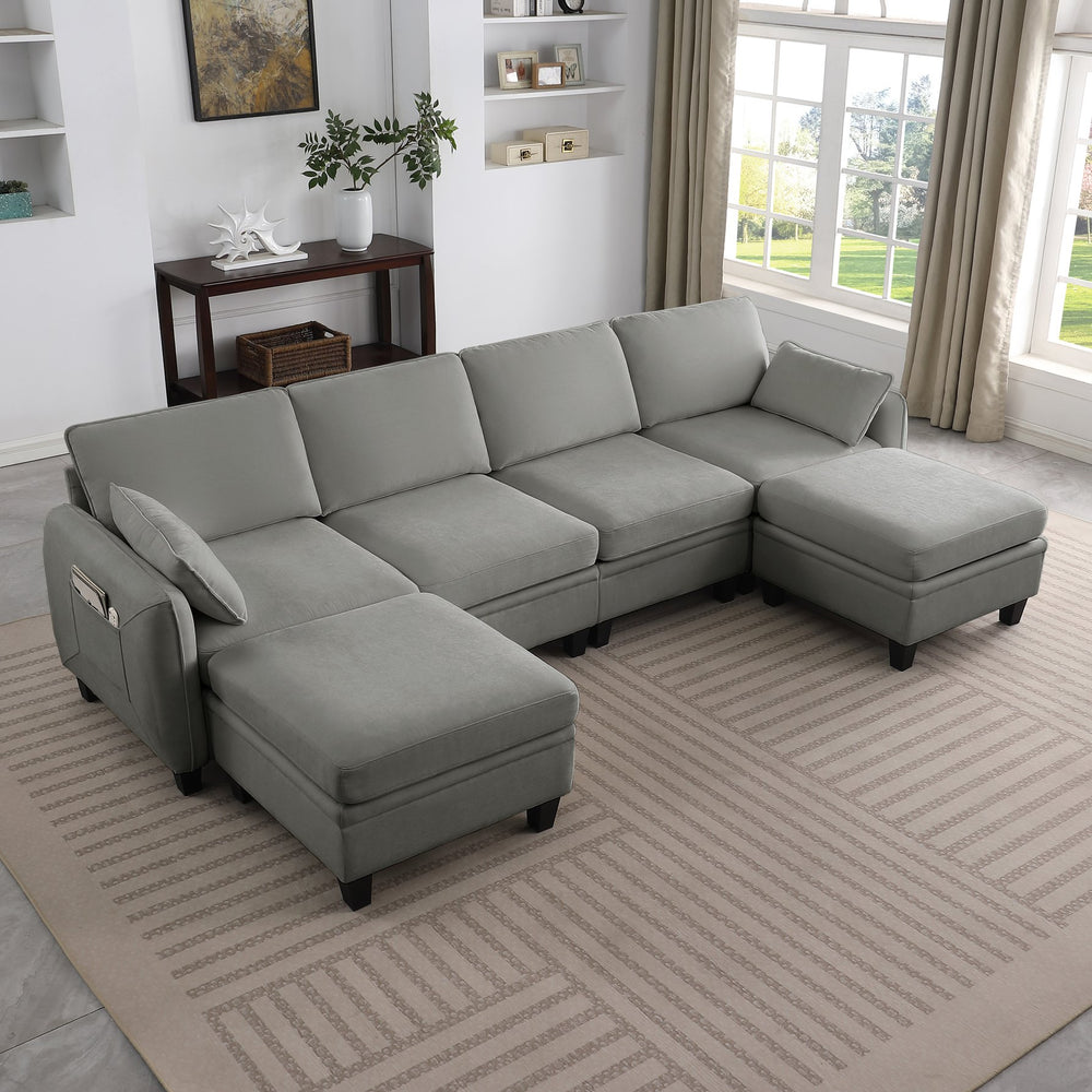 English Elm 102 Inch Linen Modular Sectional Sofa with Hidden Storage and Cloud Cushion Comfort Dark Grey W1099S00216