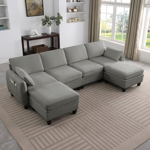 English Elm 102 Inch Linen Modular Sectional Sofa with Hidden Storage and Cloud Cushion Comfort Dark Grey W1099S00216