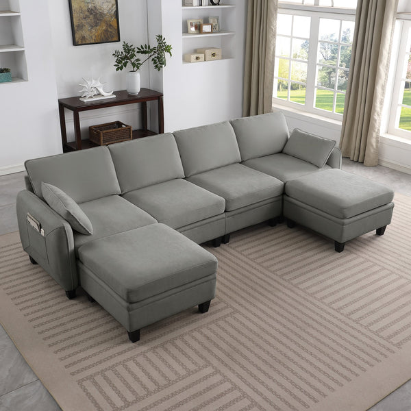 English Elm 102 Inch Linen Modular Sectional Sofa with Hidden Storage and Cloud Cushion Comfort Dark Grey W1099S00216