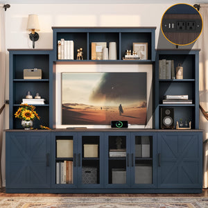 English Elm Wall Unit Entertainment Center with Built in Charging Mdf Media Console Open Shelving Blue W1580S00437