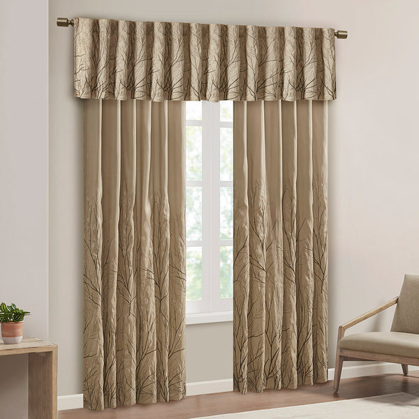 JLA Home Madison Park - Faux Embroidered Tree Branch Window Valance in Lustrous Silk-Look Fabric with Lined Privacy Drapery Tan MP41-4574