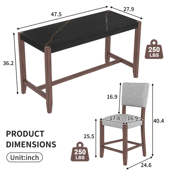 English Elm 5-Piece Counter Height Dining Set with Faux Marble Top and Upholstered Seats, Mid-Century Pub Charm Black+ Gray N752S000086B