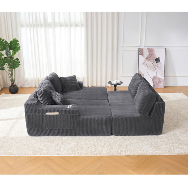 English Elm U-shaped Corduroy Cloud Sectional Sofa with Pocket Springs and Modular Living Room Seating Dark Gray W3366S00002