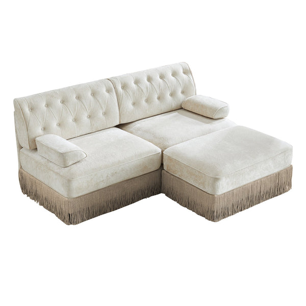 English Elm L-shaped Velvet Chesterfield Sectional Sofa with Tassel Skirt and Tufted Modular Design Beige W714S01682