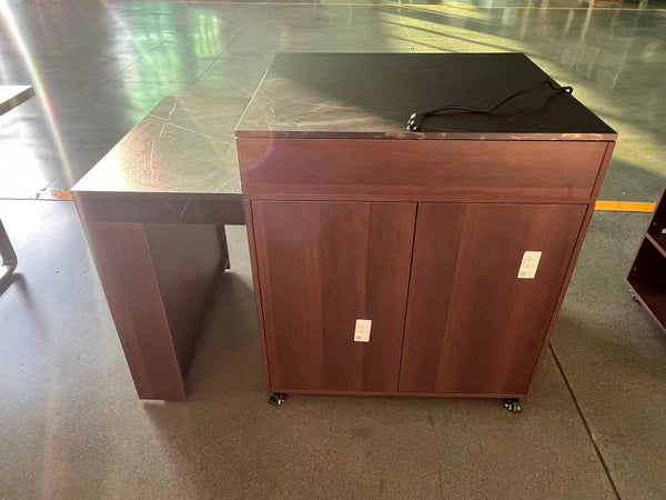 English Elm 78.8'' Fluted Rolling Kitchen Island with Extendable Dining Surface Built-in Power Mdf Walnut B2764S00002