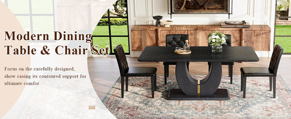 English Elm Black Wood Grain Mdf Dining Set Seats Four with Pu Leather Buckle Chairs Modern W1151S04431