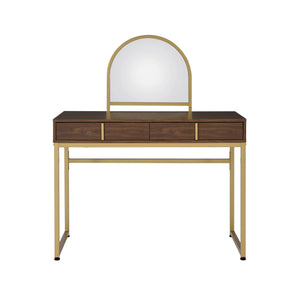 English Elm Coleen Elegant Walnut Vanity Desk with Mirror, Metal Frame, 2 Drawers & Jewelry Tray for Glam Makeup Gold,Walnut 48.8 L x 23.25 W x 8.66 H B2726P315735