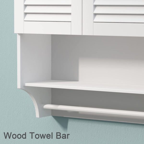 English Elm Wall-Mounted Bathroom Cabinet with Louvered Doors, Adjustable Shelves, Open Shelf & Towel Rod for Organized, Ventilated Storage White T3771P368595