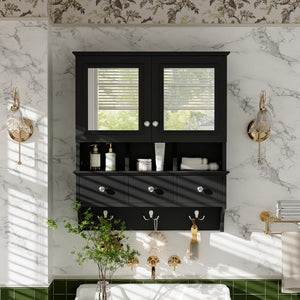 English Elm 4-in-1 Wall Mounted Bathroom Cabinet with Mirror Drawers and Towel Hooks Vanity Black N710P405416B