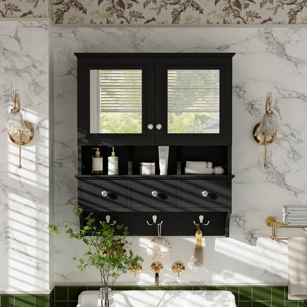 English Elm 4-in-1 Wall Mounted Bathroom Cabinet with Mirror Drawers and Towel Hooks Vanity Black N710P405416B