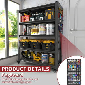 English Elm 78"H Heavy Duty 5-Tier Metal Shelving 400lb/shelf, Pegboard Panels & Locking Wheels, Adjustable Storage Organizer for Garage Warehouse Pantry Workshop (47.2"W) T2398P313255