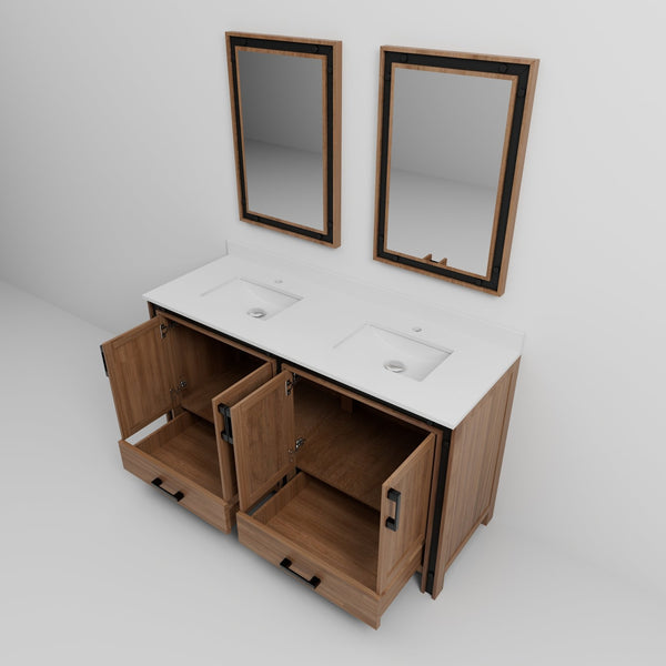 English Elm Rustic Barnwood Double Bath Vanity 60" W with White Quartz Top, Soft-Close Storage & 22" Mirrors B2731S00912