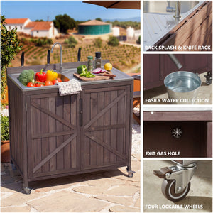 English Elm K&k Outdoor Prep Station Stainless Steel Top Fir Wood Cabinet with Drawer and Wheels N707P370281Z