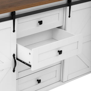 English Elm U-style Farmhouse Sideboard Barn Door Buffet with Drawers Built-in Outlet Dining White N711P347377K