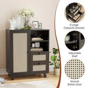 English Elm Rattan Cane Front Sideboard with Drawers Adjustable Shelf Bohemian Storage Cabinet Black T3623P434723