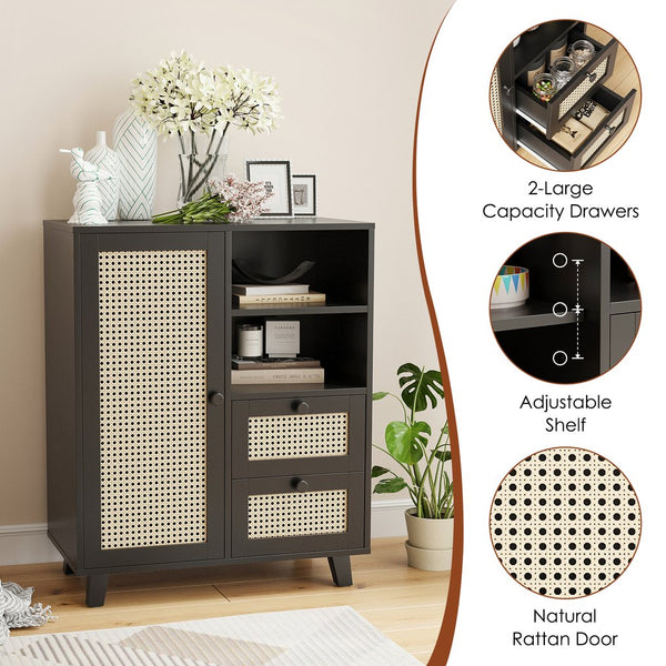 English Elm Rattan Cane Front Sideboard with Drawers Adjustable Shelf Bohemian Storage Cabinet Black T3623P434723