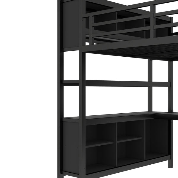 English Elm Metal Loft Bed With Wardrobe, L-Shaped Desk & Storage Cubes - Stylish Space-Saving Queen Solution W1580S00109