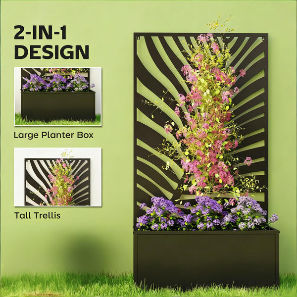 English Elm Freestanding Metal Raised Garden Bed with Leaf Trellis Panel for Patios and Balconies T3971P455188