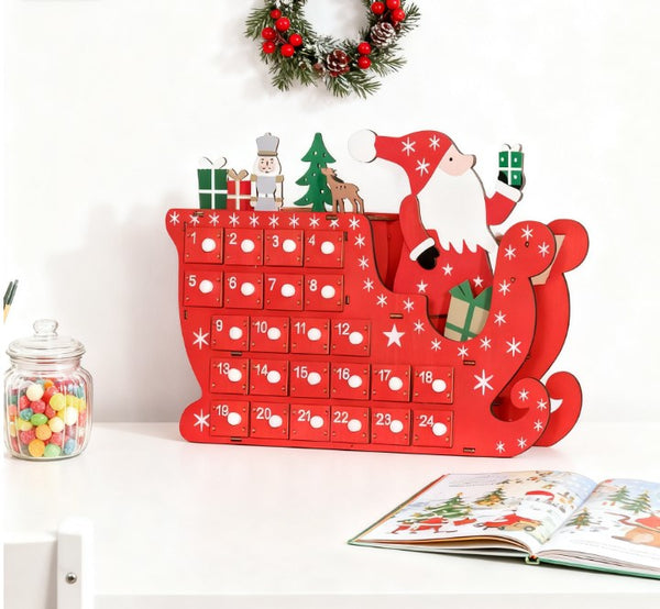 English Elm Reusable Wooden Christmas Advent Calendar with 24 Drawers Santa Sleigh Mdf Decor T3971P417186