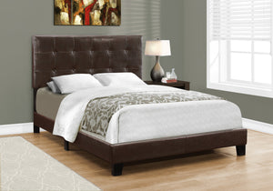 English Elm Bed, Full Size Upholstered Low Profile Linen-Look Bed Frame with Tufted Headboard & Slats Brown 60 L x 26 W x 4 H B2710P219524