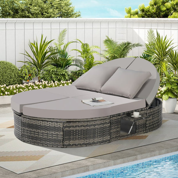 English Elm Outdoor Round Pe Rattan Daybed with Reclining Backrest and Built in Cup Trays Light Gray W874S00078
