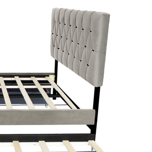 English Elm Gray Velvet Queen Platform Bed with Gold Tufted Headboard Trundle and Storage Drawers W1867S00023