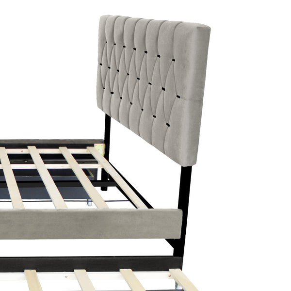 English Elm Gray Velvet Queen Platform Bed with Gold Tufted Headboard Trundle and Storage Drawers W1867S00023