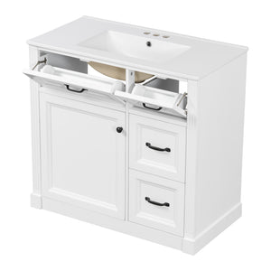 English Elm 36 Inch Bathroom Vanity With Sink – Modern Design, Soft-Close Drawers & Adjustable Storage Shelf, White Finish N725P336549K