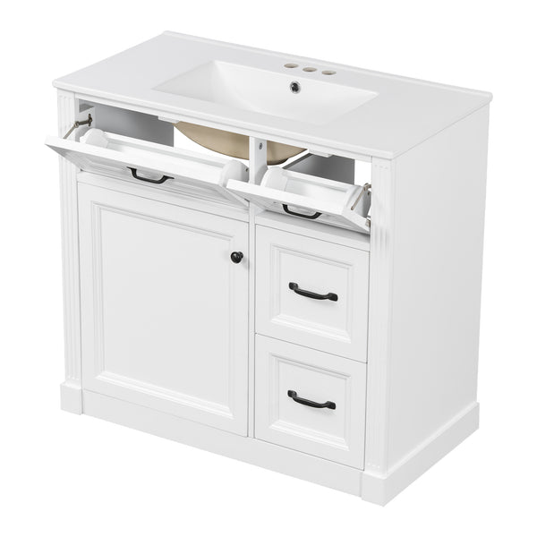 English Elm 36 Inch Bathroom Vanity With Sink – Modern Design, Soft-Close Drawers & Adjustable Storage Shelf, White Finish N725P336549K