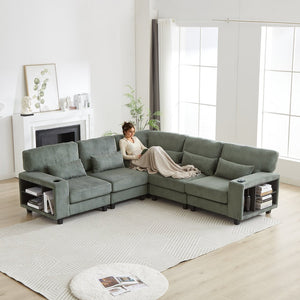 English Elm 102.75*102.75" L-Shaped Modular Sectional Sofa with Corduroy Upholstery, Storage Arm, Cup Holder, 5-Seat Convertible Lounge Green W1926S00054