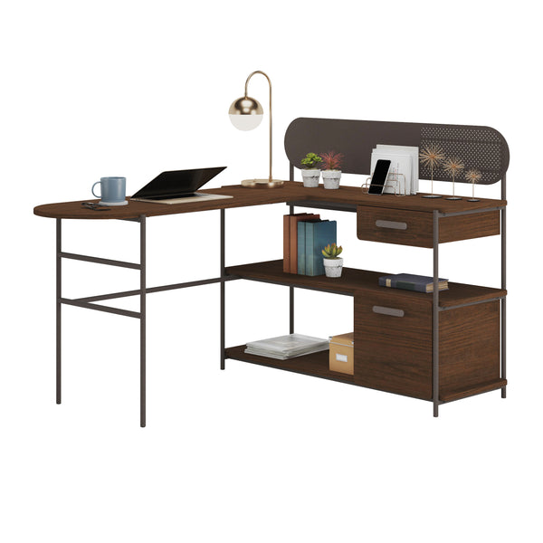 English Elm L-Shaped Desk In Warm Brown Finish - Versatile, Stylish Workspace With Smart Storage & Cable Management B356P367806