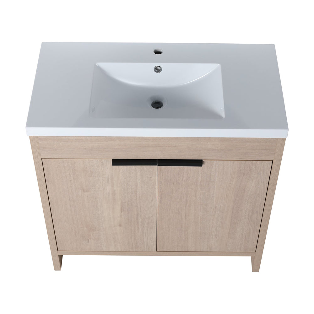 English Elm 36 Inch Freestanding Vanity with White Resin Sink, Soft-Close Doors, Adjustable Shelf, Water-Resistant Finish W999S00277
