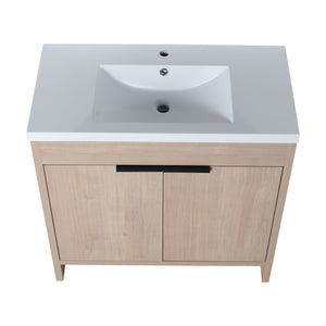 English Elm 36 Inch Freestanding Vanity with White Resin Sink, Soft-Close Doors, Adjustable Shelf, Water-Resistant Finish W999S00277