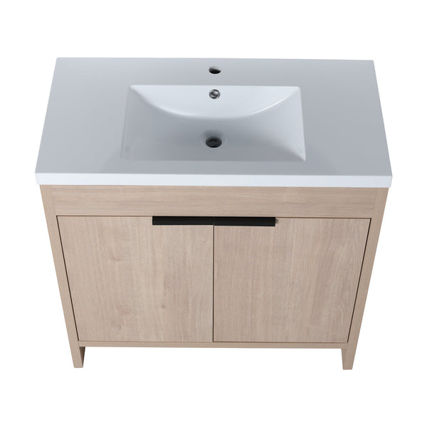 English Elm 36 Inch Freestanding Vanity with White Resin Sink, Soft-Close Doors, Adjustable Shelf, Water-Resistant Finish W999S00277