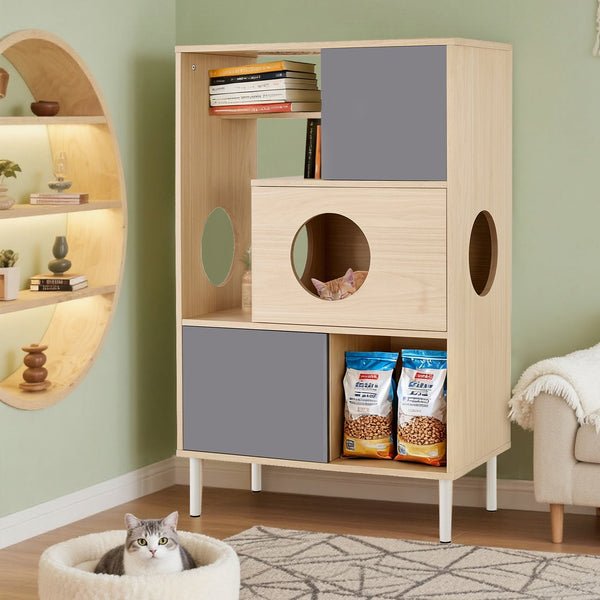 English Elm 2 Modern Cat Tree & Side Cabinet with Litter Box Enclosure, Stylish Wood Bookcase with Hidden Storage, Natural/Grey Elegance N843P254701N