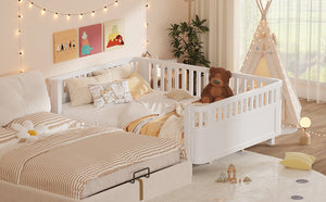 English Elm Queen Low Profile Pine Wood Kids Platform Bed with Guardrails and Rounded Safety Posts White W2593P409122