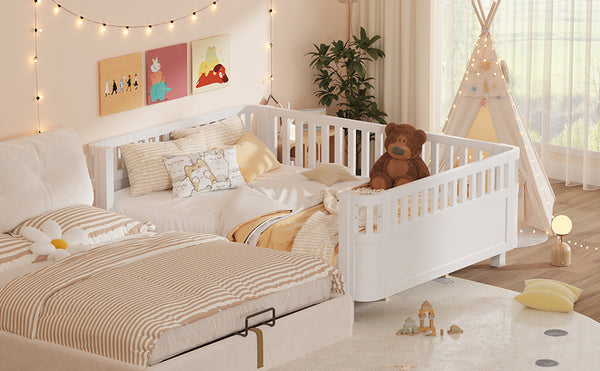 English Elm Queen Low Profile Pine Wood Kids Platform Bed with Guardrails and Rounded Safety Posts White W2593P409122