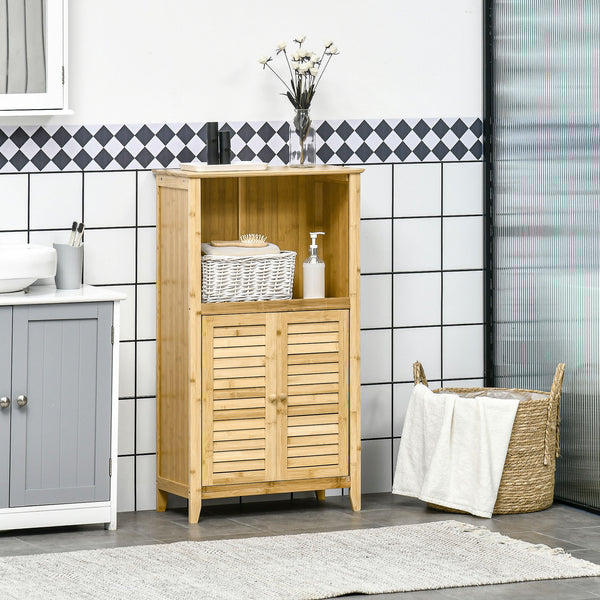 English Elm HOMCOM Bamboo Floor Cabinet Bathroom Organizer Tower with Shelved Storage, Slatted Doors & Elevated Base Natural W2225P216999