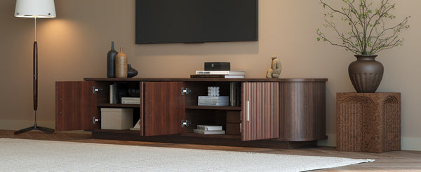 English Elm 70-inch Media Console with Sliding Groove Doors Solid Pine Legs and Cable Management N710P427898P